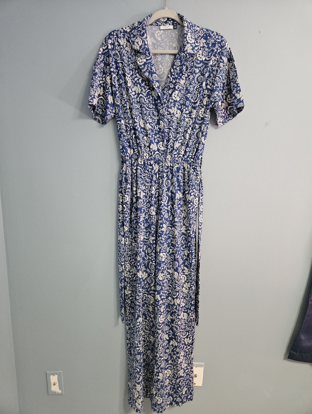 Cabana Life Blue White Paisley Floral Jumpsuit S Belted Wide Leg UPF 50 Sun Wear